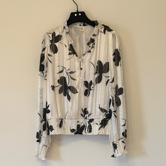 Autres Filles Black & White Floral Blouse w/ Thin Gold Metallic Stripe, Large - Picture 1 of 10